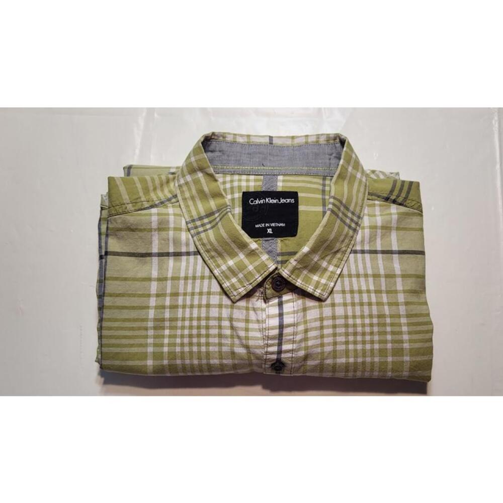 Shirt  Men Calvin Klein  long sleeve button-up collar XL Limegreen white n blue